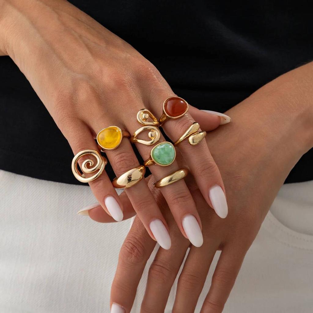 Salircon 8Pcs/Set Boho Colorful Acrylic Resin Rings for Women Exquisite Irregular Stackable Adjustable Opening Ring Jewelry Gift