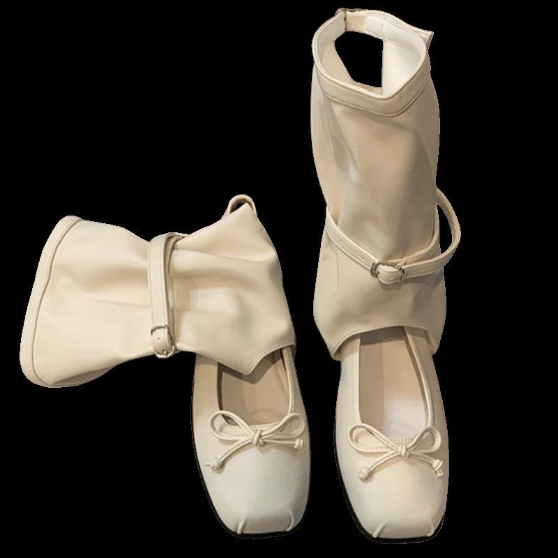 2025 New Niche Stacking Boots Hollow Mid-tube Cool Boots Women's Ballet Style Square Head Bow Flat Single Shoes