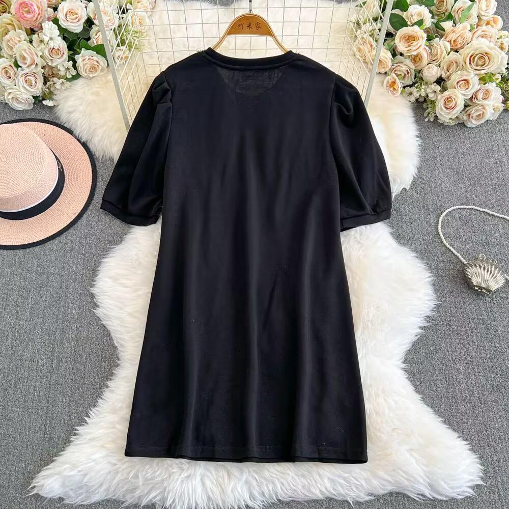 Summer Women Luxury Beading Pearl Black Half Sleeve Mini Short Straight Casual Dresses