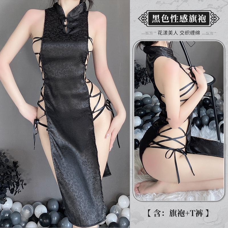 Sex underwear retro buckle sexy temptation straps high split jacquard satin cheongsam nightdress