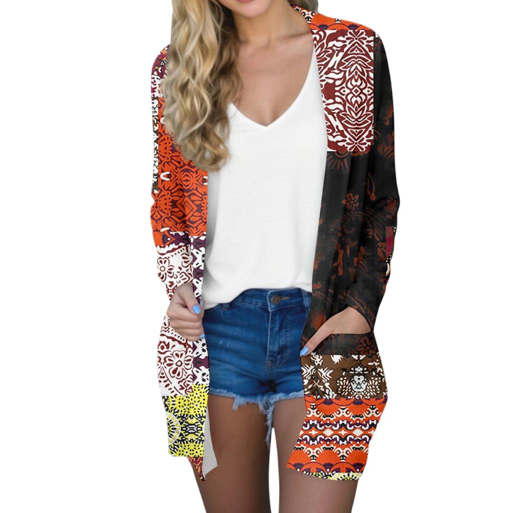 Women's Fashion Casual Comfort Floral Print Mid-Length Cardigan Jacket
