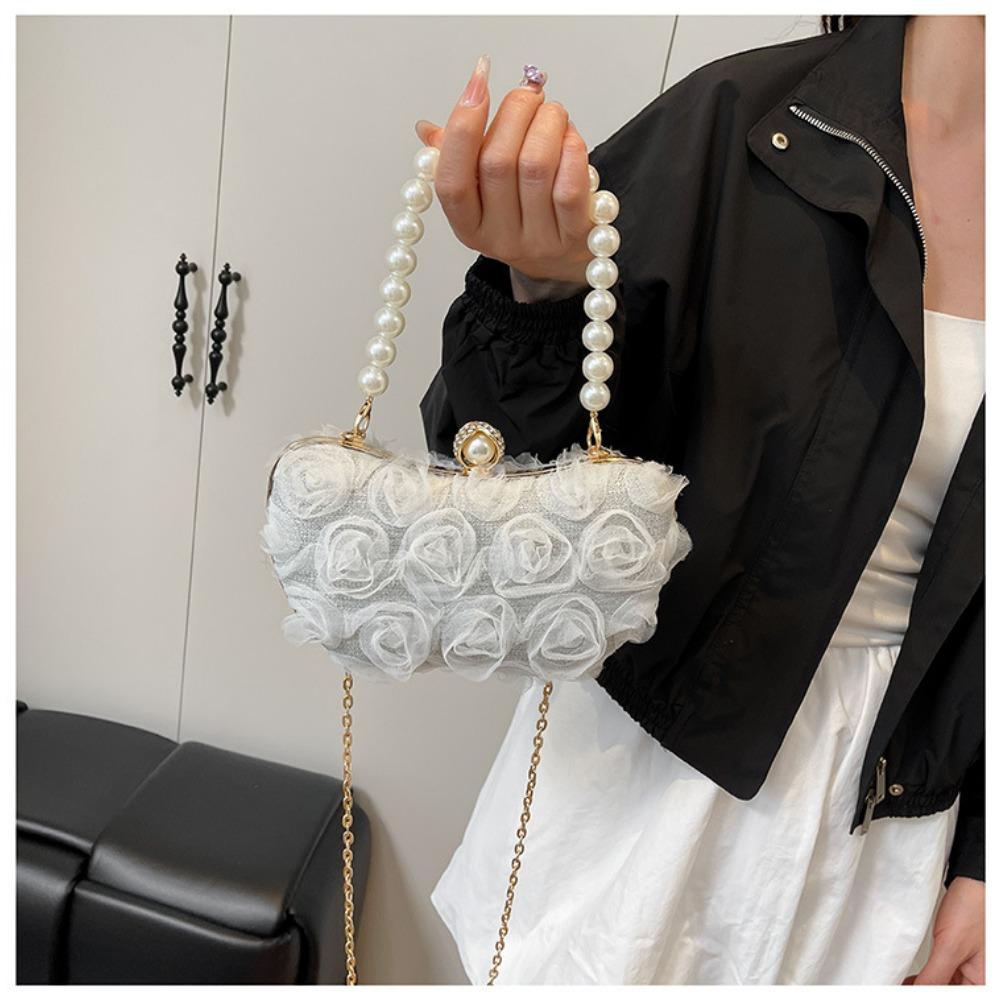New Lace Flower Evening Bag Pearl Chain Clip Shell Bag Women Crossbody Bag