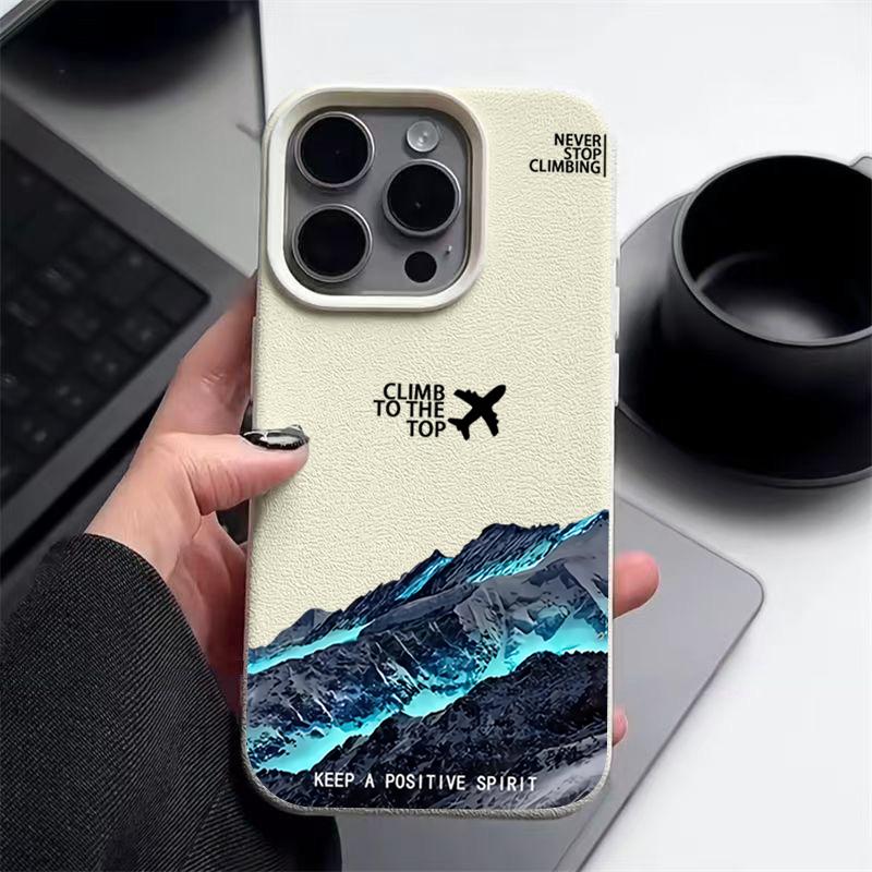 Nárazuvzdorný tenký kryt s motivem hory a letadla pro iPhone 16 15 Pro Max 14 Pro 13 12 11 Ochrana objektivu TPU Textura kůže Matný měkký kryt na telefon