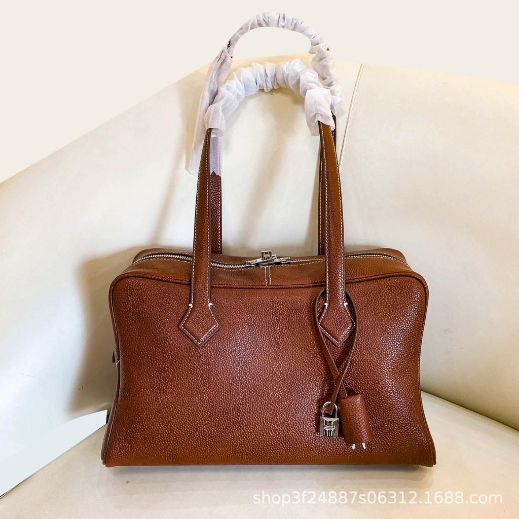 First Layer Cowhide Victoria Bowling Pillow Bag Genuine Leather Portable Tote Bag Fashionable High-end Shoulder Messenger Bag