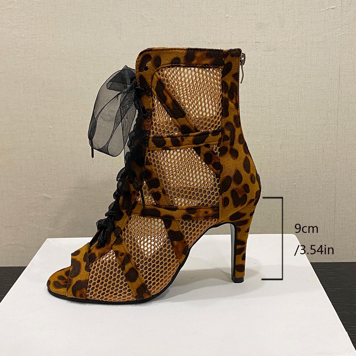 

Fashion Leopard Print Mesh Ankle Boots Woman Chic Peep Toe High Heel Fishnet Booties Ladies Lace Tied Latin Tango Salsa Dance Shoes 43 леопардовый