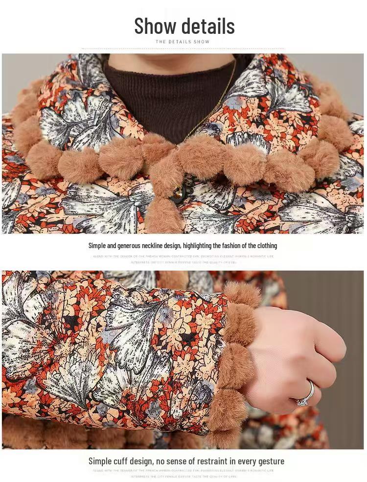 Winter Plus Velvet Floral Cotton Jacket for Middle-aged and Elderly Moms – Thick, Warm, Anti-cold Short Coat