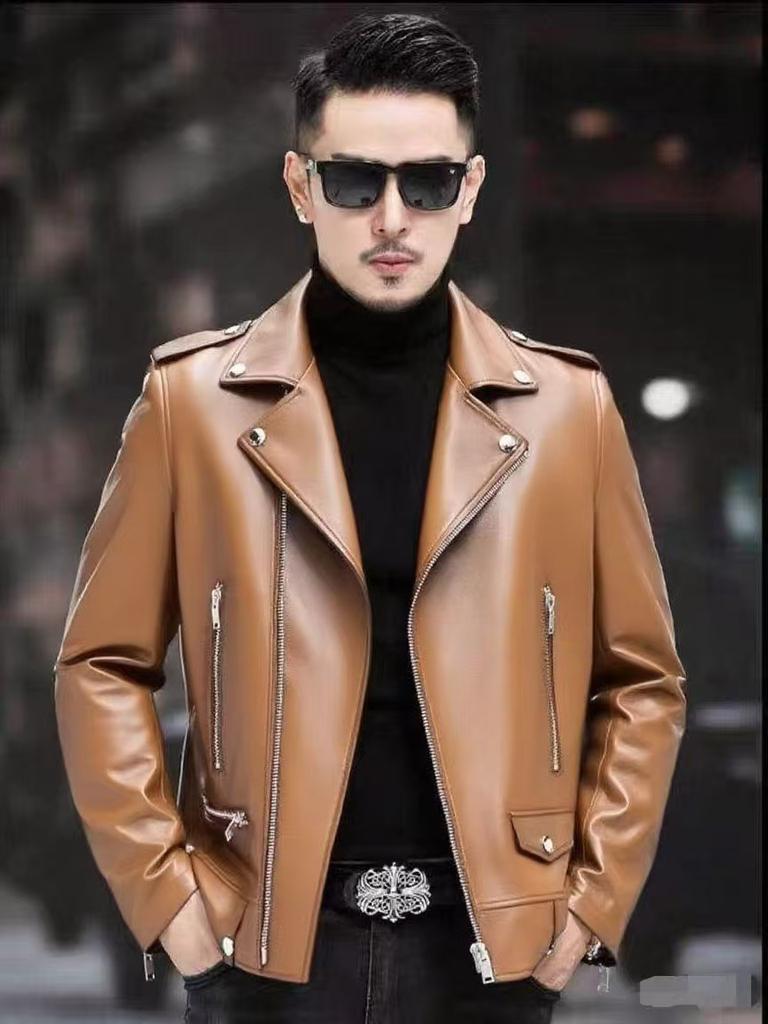 Leather jacket top-layer cowhide jacket, trendy men's fashionable biker fur jacket, urban men's short jacket