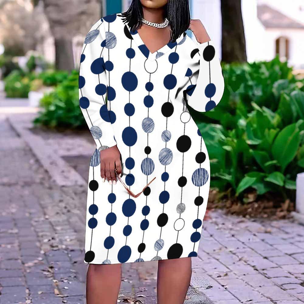 Women Plus Size V Neck Long Sleeve Printed Polka Dot Straight Dress