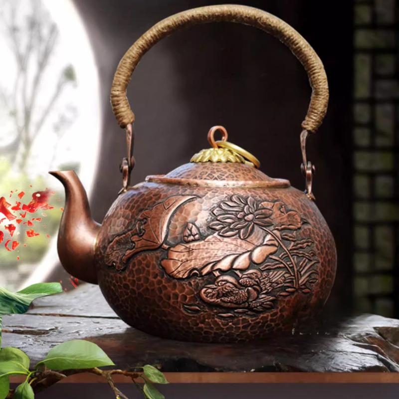 Antique Copper Kettle Handmade Hammer Pattern Red Copper Teapots Thicken Uncoated Kettles Health Tea Set Crafts Chinese Tea Pot