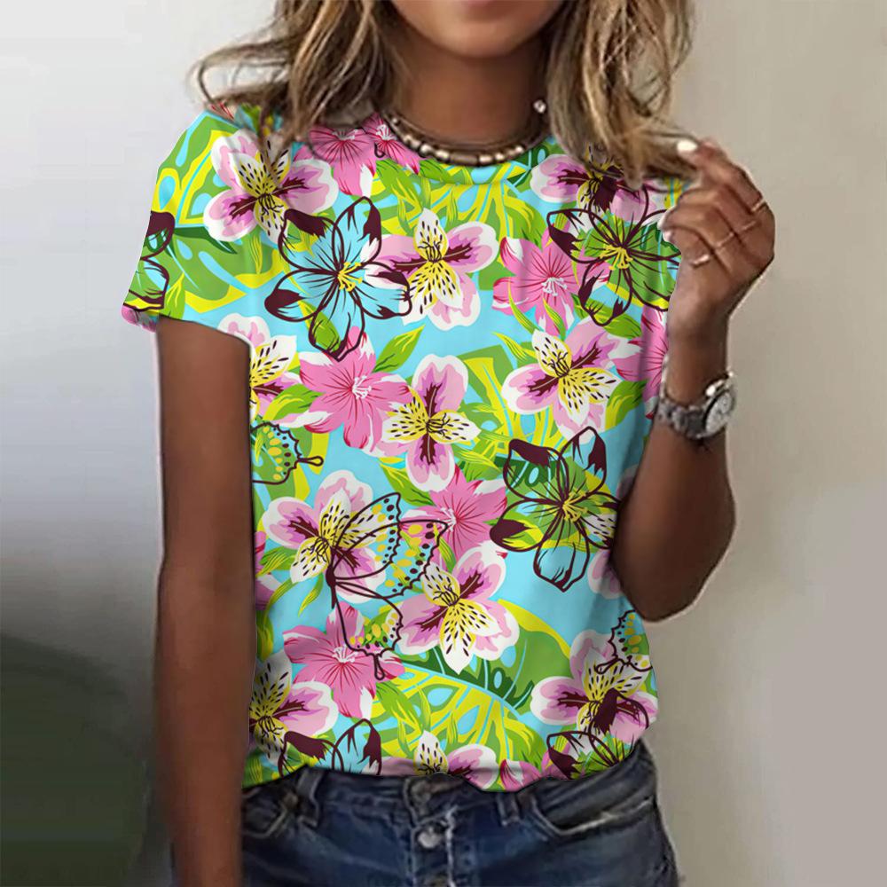 Round Neck 3D Tropical Floral Printed Casual Short Sleeved Women's T-shirts - Soft Medium Stretch Polyester Fabric Summer Relaxed Fit Clothing