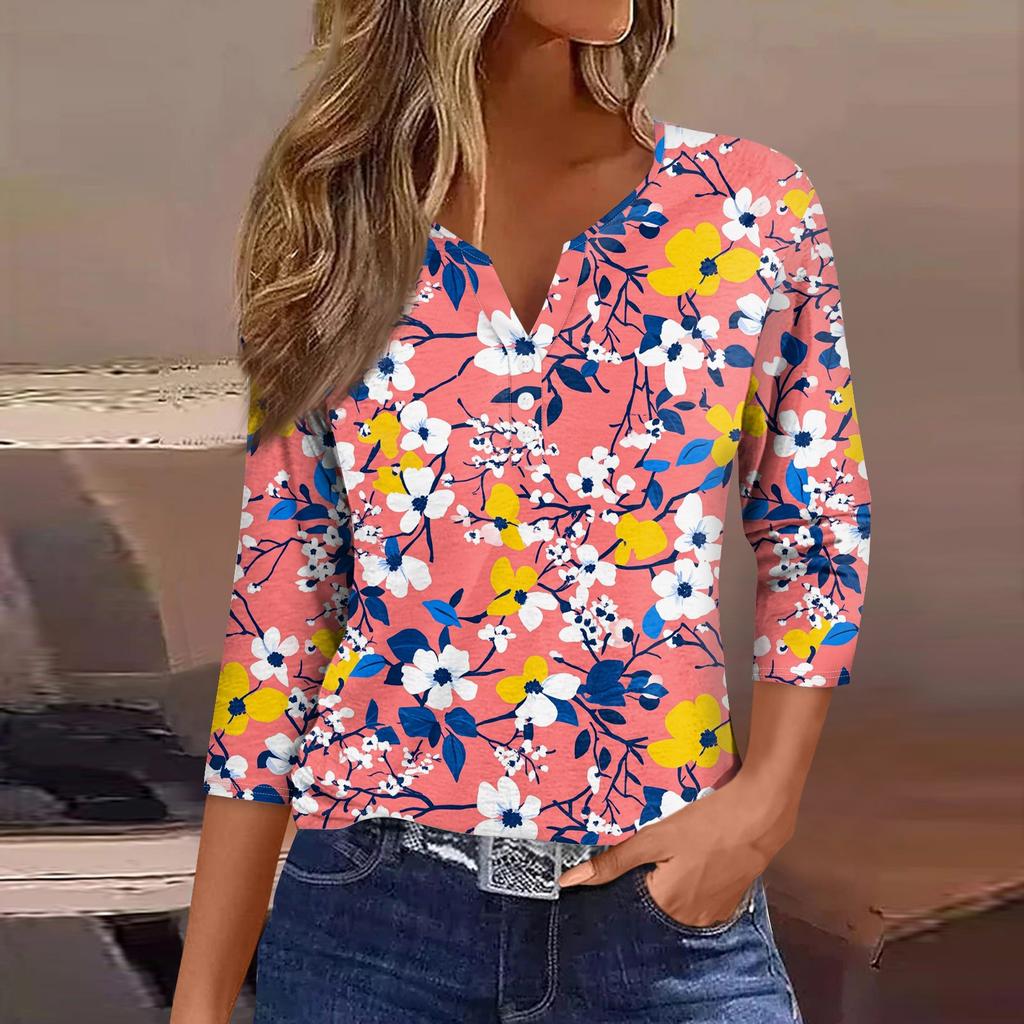 Lockeres, lässiges Oberteil mit Blumenmuster für Damen, V-Ausschnitt und Siebenviertelärmeln