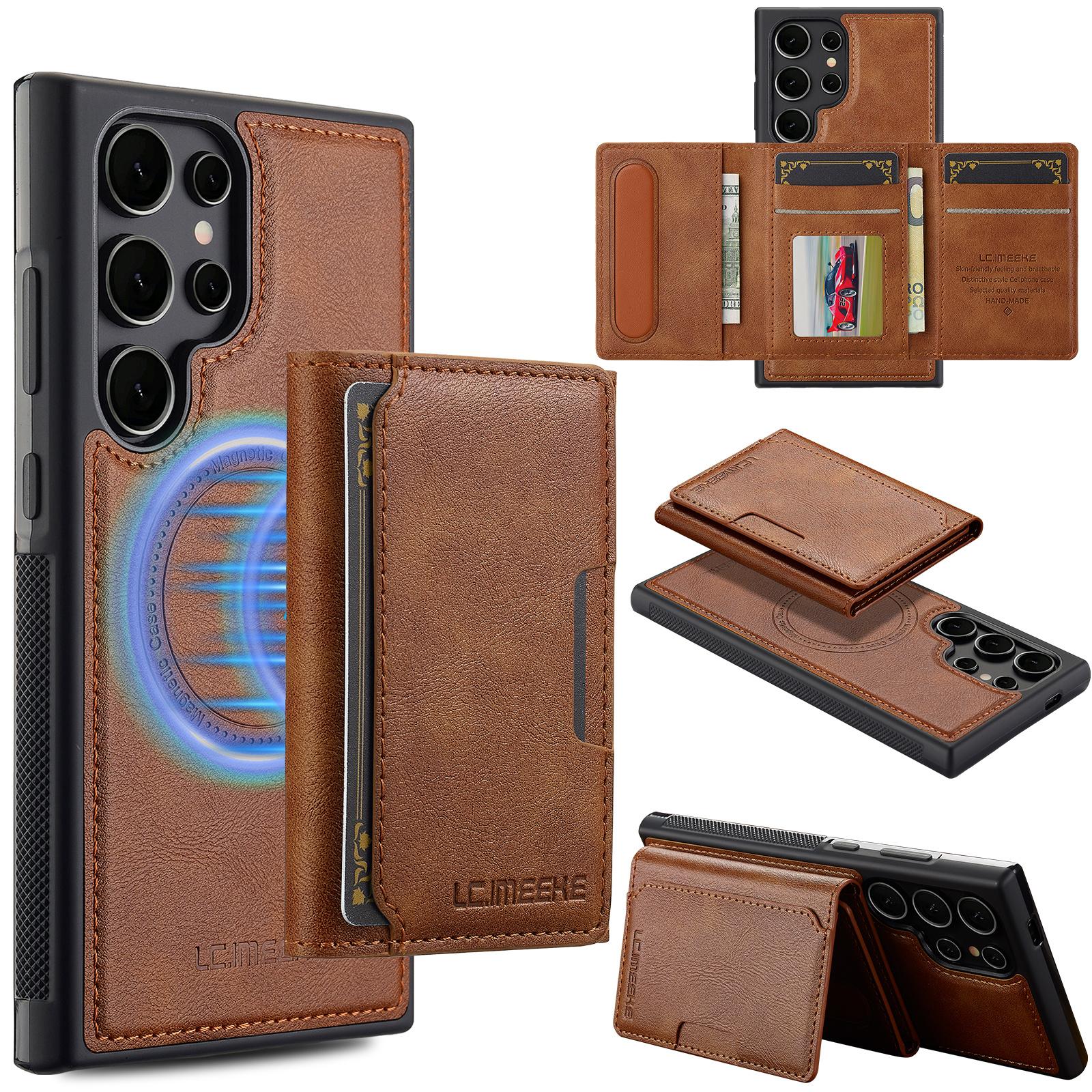

For Samsung Galaxy S23 Ultra Magnetic Phone Case Leather Back Cover with Detachable Card Holder Brown