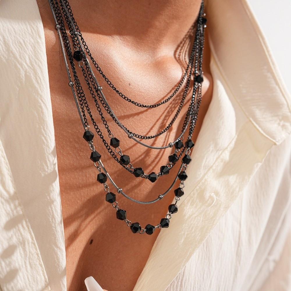 Multi-Layer Beaded Chain Necklace Black Silver Color Stacked Collarbone Chain Women Gift