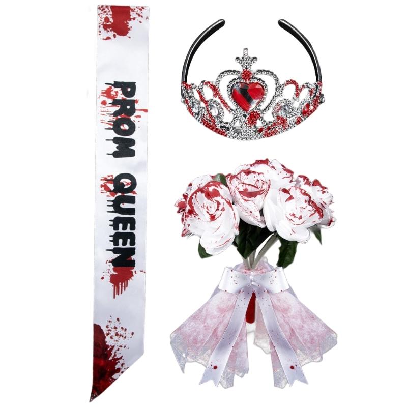 Halloween Abschlussballkönigin Kostüm Blutiges Nachthemd Kleid Abschlussballkönigin Schärpe Kronen Stirnband Cosplay Verkleidungsparty Zubehör