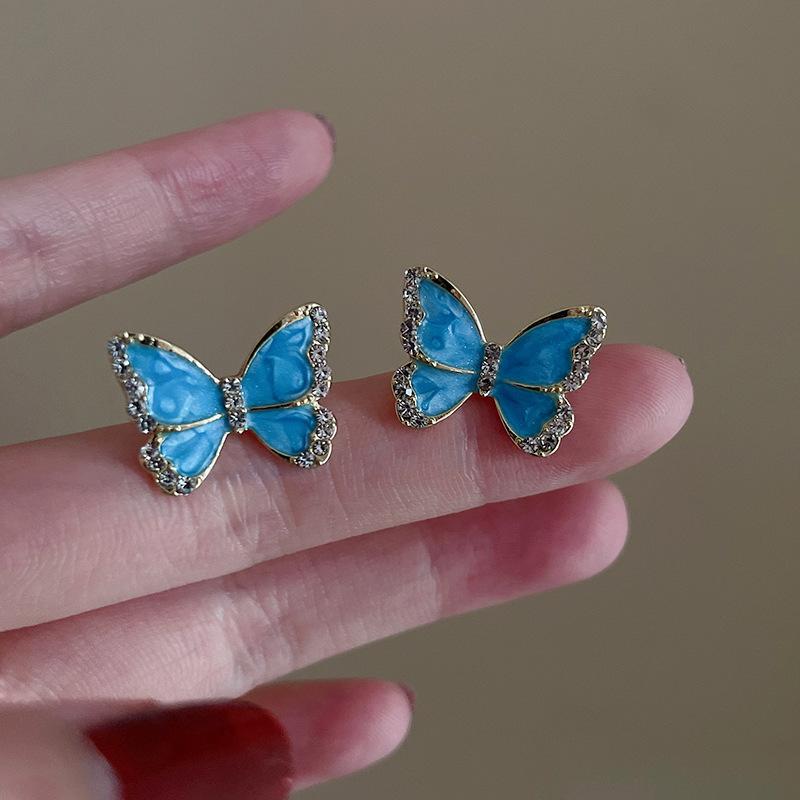 Dripping oil blue flower earrings high sense temperament versatile new stud earrings fashion Internet celebrity niche earrings women
