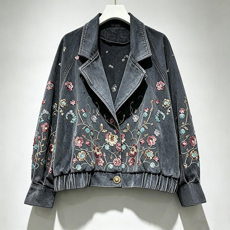 Vintage Embroidered Sequin Denim Jacket Women 2026 Casual Short Batwing Sleeve Streetwear