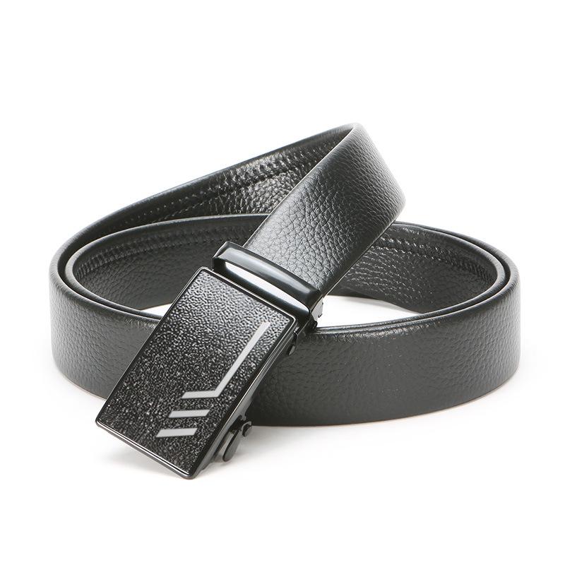 Men'S Automatic Buckle Iron Buckle Hemming Lychee Pattern Black Belt Middle-Aged And Young Business Belt