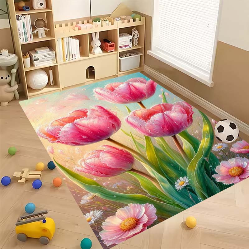 Luxurious Vintage Tulip Floral Pattern Floor Mat, Non-slip, Machine Washable, Suitable for Living Rooms, Bedrooms, and Home Déco