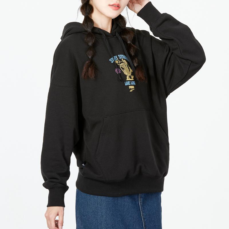 Puma Oversized Graphic Hoodie With Drawstring Women Tops Black 537633-51