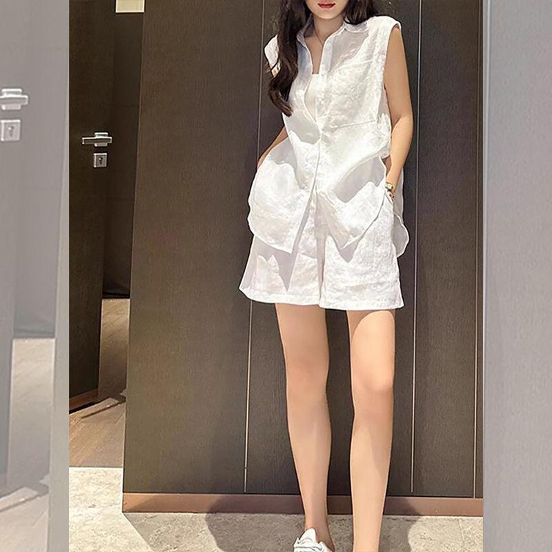

Women s White Luxury Summer Suit: Sleeveless Shirt & Versatile Shorts 3XL for 160-180 Jin