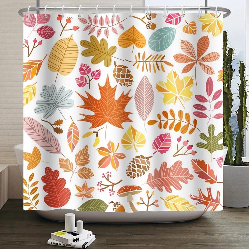 Hello Fall Shower Curtain Autumn Maple Leaves Pumpkin Bathroom Decor Polyester Fabric Cloth Shower Curtain With Hooks Room Decor