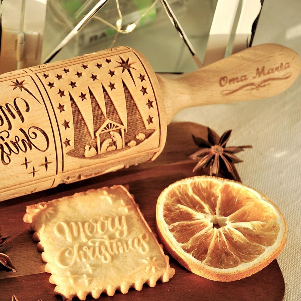 Christmas Nativity Embossed Rolling Pin Wood Carved Cookies Biscuit Fondant Dough Baking Engraved Printed Roller 35X5CM
