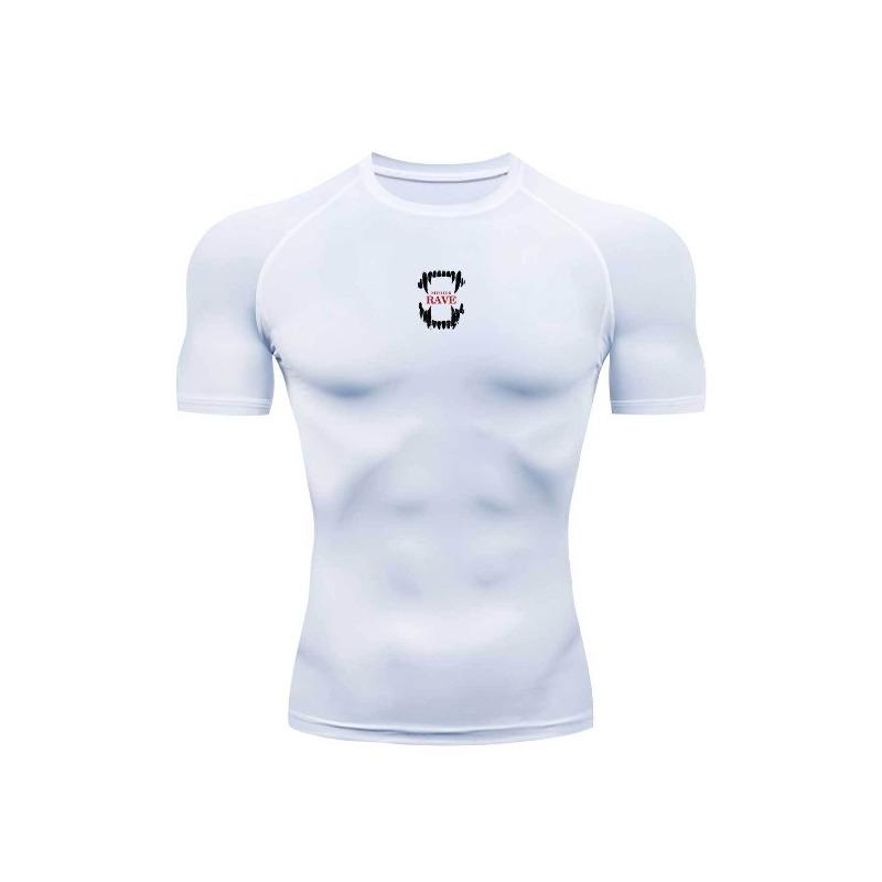 Mens WhiteCompression Short Sleeve T-Shirt Small Red And Black Badge Graphic Quick Dry Breathable High Elasticity Gym Workout And Running Athletic Top