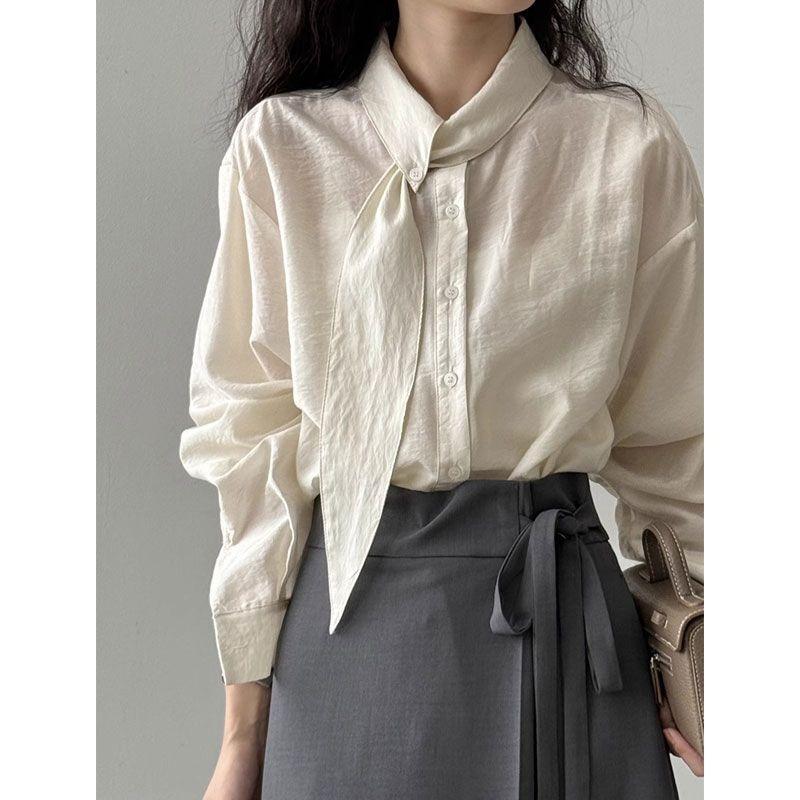 

Woman Scarf Collar Solid Color Shirt French Elegant Ladies Long Sleeved Blouses Autumn Commuting Versatile Women s Top M бежевый