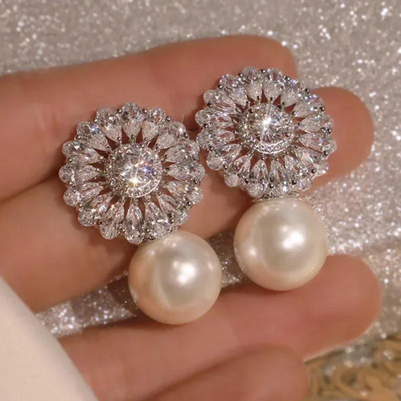 High-End And Fashionable Ocean Pearl Earrings, Set With Cubic Zirconia Women'S Luxurious Fashion Jewelry