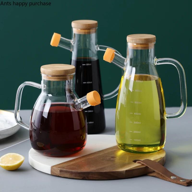 Transparent Glass Oil Can Soy Sauce Bottle Vinegar Pot Condiment Bottles Oil Bottle with Scale Kitchen Supplies Seasoning Bottle