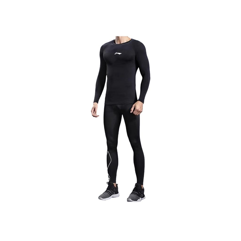 Li-Ning Solid Color High Elasticity Shaping Round Neck Long Sleeve Tight Sweat-Wicking High Waist Leggings Fitness Set Men Activewear AUDU097-AULU097