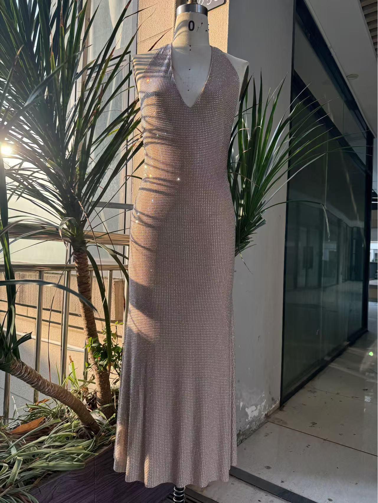 Women s Sexy Deep V-Neck Sequin Party Dress with Strappy Design and Short Skirt S телесный