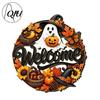 3D Floral Pumpkin Wall Art Halloween Ghost Wooden Welcome Door Hanger Sign, Cute Ornament with Bell Durable Sign for Porch Hanging Rope, Decor Indoor
