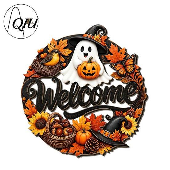 3D Floral Pumpkin Wall Art Halloween Ghost Wooden Welcome Door Hanger Sign, Cute Ornament with Bell Durable Sign for Porch Hanging Rope, Decor Indoor