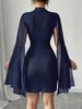 Women's Round Neck Hole Striped Pearl Mesh Cape Bodycon Dress