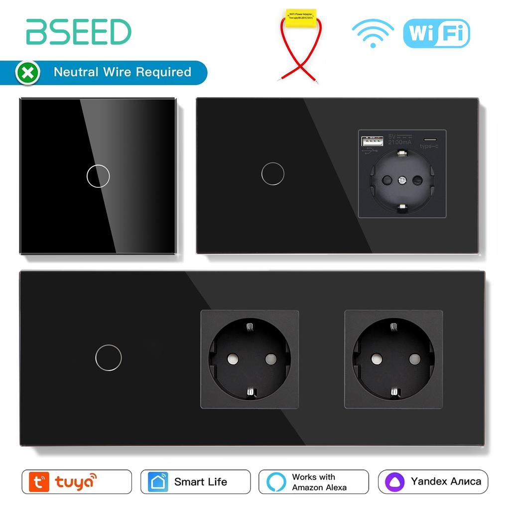 BSEED 1/2/3Gang Wifi Touch Light Switches Tuya Smart Life Alexa App With EU Sockets Power USB Ports Capacitor Included Black