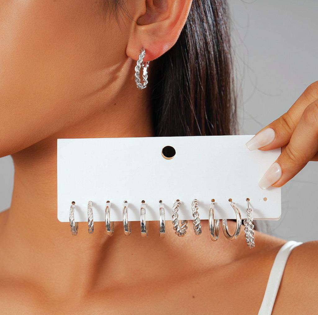 Twelve-piece geometric round twisted silver needle stud earrings fashionable commuter earrings