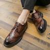 Derby Shoes Men PU Low-heeled Round Toe Lace-up Brogue Carved Hollow Breathable Wear-resistant Business Formal Men Shoes