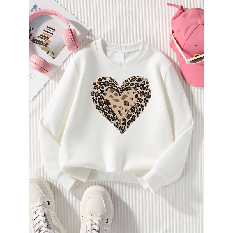Girls' Leopard Print Heart Pattern Long-Sleeve Crewneck Sweatshirt | Casual, Slight Stretch, Regular Fit