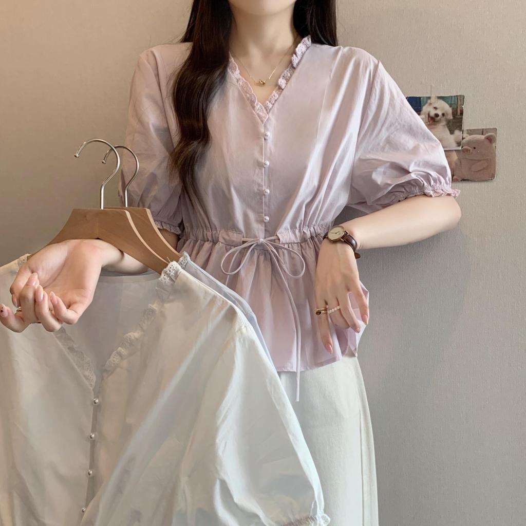2026 Summer Plus Size Korean Style Drawstring Waist Slimming Short Sleeve Doll Top