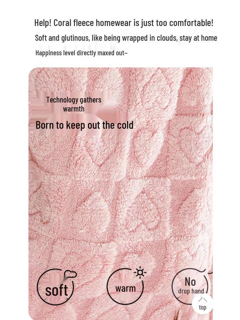 Women's Heart Print Flannel Pajama Set - Warm Winter Coral Fleece Homewear