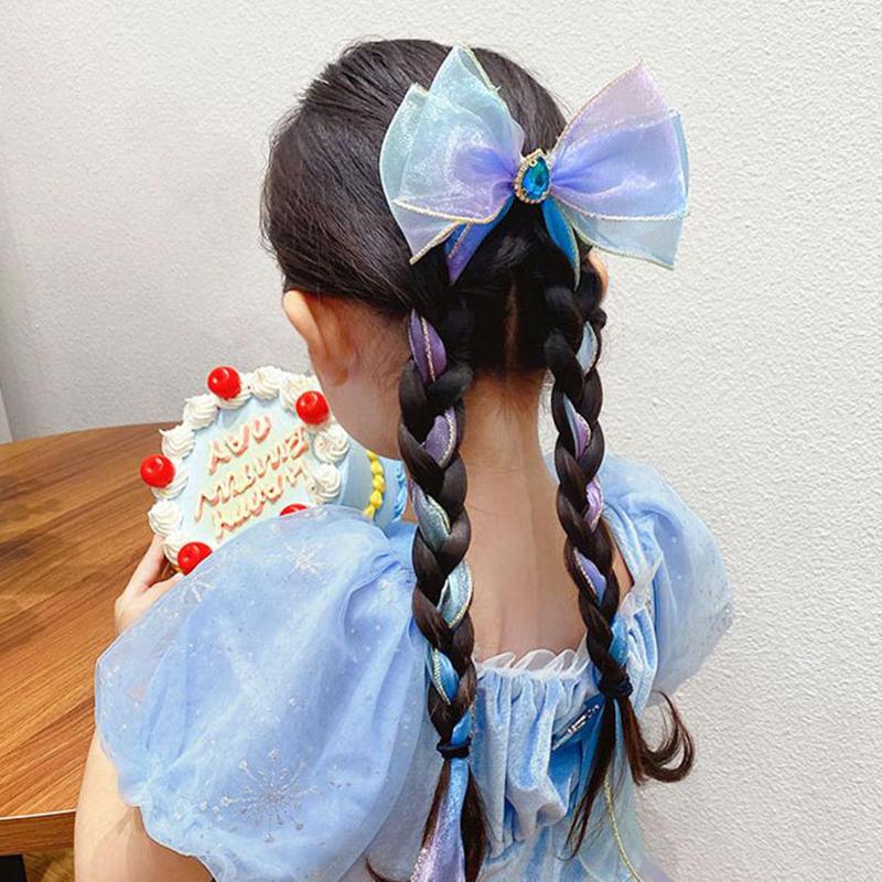 Girls Cute Elegant Mesh Bow Ribbon Hair Clip With Faux Pearl Tassel Crystal Decoration Colorful Chiffon Headwear For Party Kids