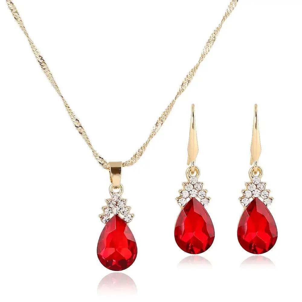 3 Pcs/Set European And American Fashion Necklace Earring Set Crystal Zircon Water Drop Necklace Earnail Set
