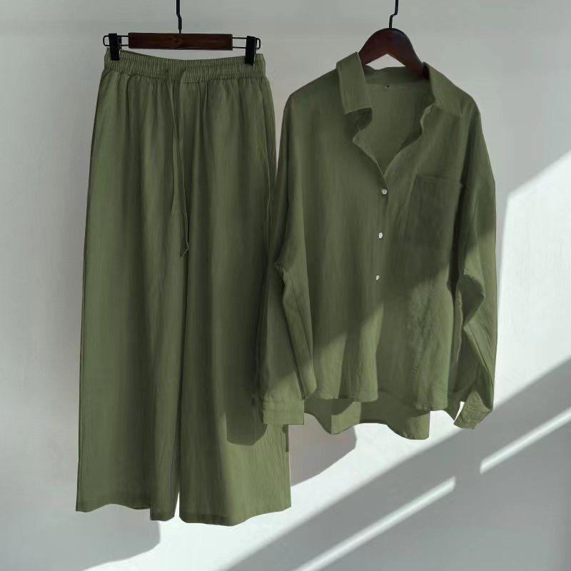 Set camicia da donna 2 pezzi vintage taglie forti in cotone e lino, pantaloni ampi a vita alta