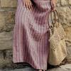 Damen Sommer Boho Gestreiftes Baumwoll-Leinenkleid Lässig Kurzarm Strand Maxikleid mit Vordertasche