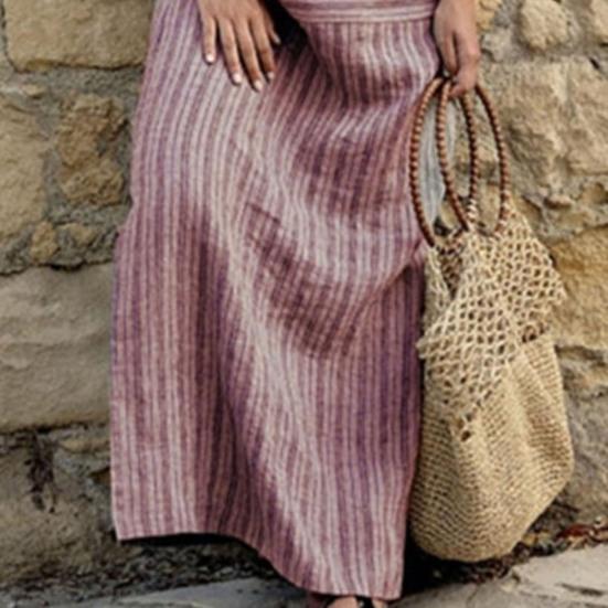 Damen Sommer Boho Gestreiftes Baumwoll-Leinenkleid Lässig Kurzarm Strand Maxikleid mit Vordertasche