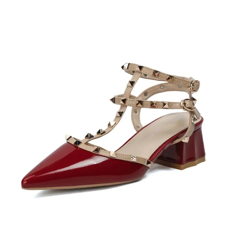 Women's Thick Heeled Sandals Summer New European and American Fashion Roman Pointed Rivet Sandals Women High Heels Buckle Strap