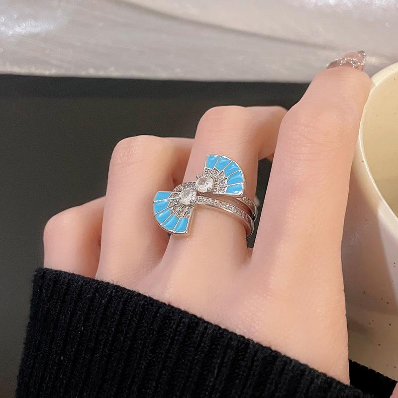 

Fan Green Oil Dripping Open Ring Full Of Diamonds Zircon Niche Design Cold Wind Ring Female Adjustable opening