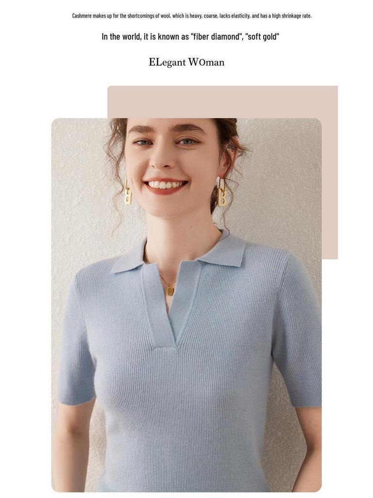 Women's Polo Collar Cashmere Sweater - Slim Fit, Short, Five-Sleeve, Gentle Style for Spring & Autumn.