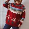 Women's New Year's Christmas Sweater with Thick Shoulder Sleeves, Reindeer Christmas Tree Gold Thread Pullover Sweater 3504